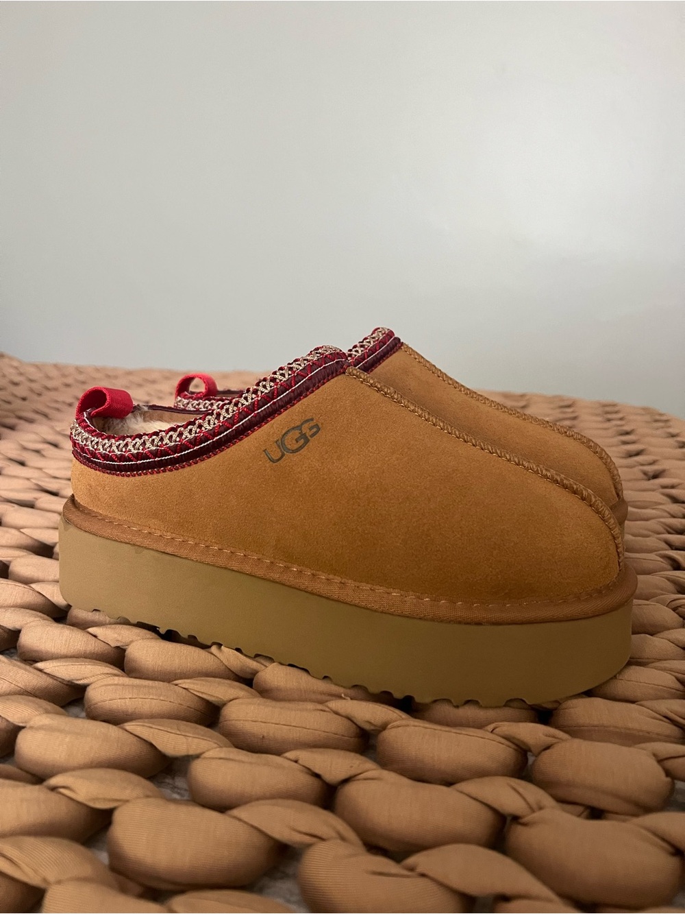 UGG Chestnut Mule Slippers with Red Trim - Picture 3 of 6